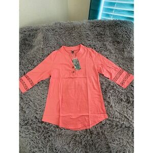 Cici Coral Pink Henley Tunic Top with Crochet Lace 3/4 Sleeves Womens Size Small